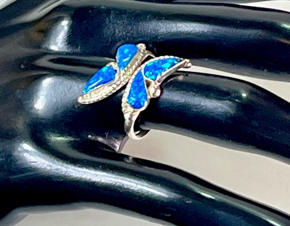 Native ZUNI Fire Opal Inlay Sterling Silver 925 Butterfly Bypass Ring Adjust Sz